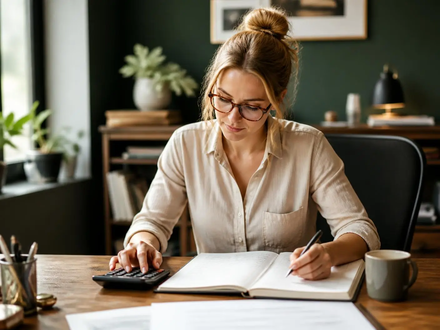 Bookkeeper working through a ledger with a calculator at a tidy desk