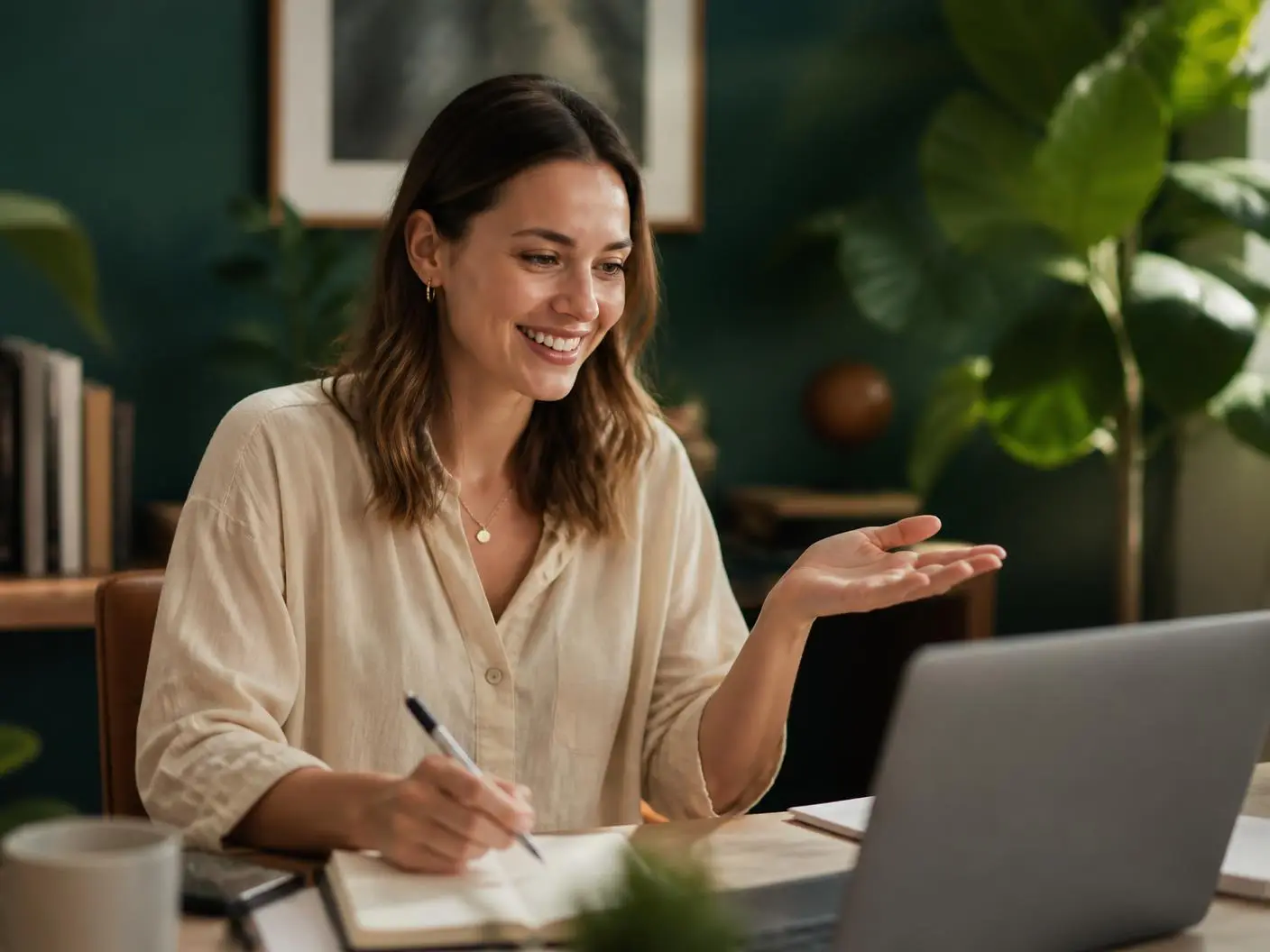 Customer success manager smiling during a video call at her desk
