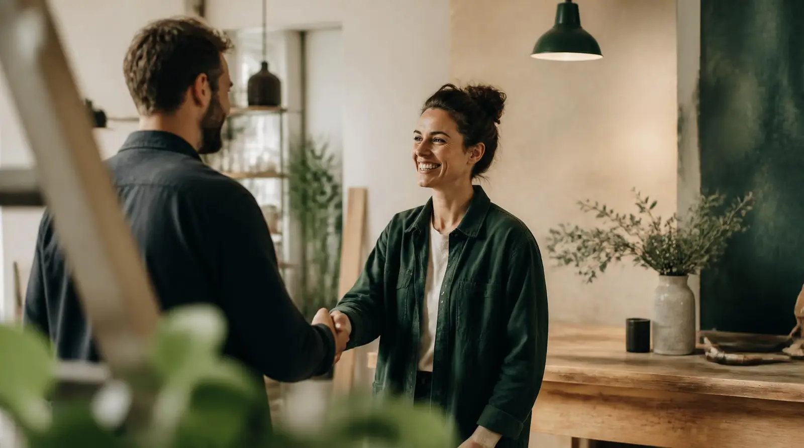 Business owner and client shaking hands at the end of a job
