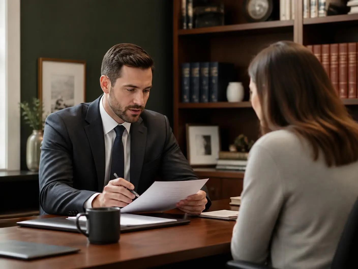 Lawyer reviewing a document with a client in a small practice office