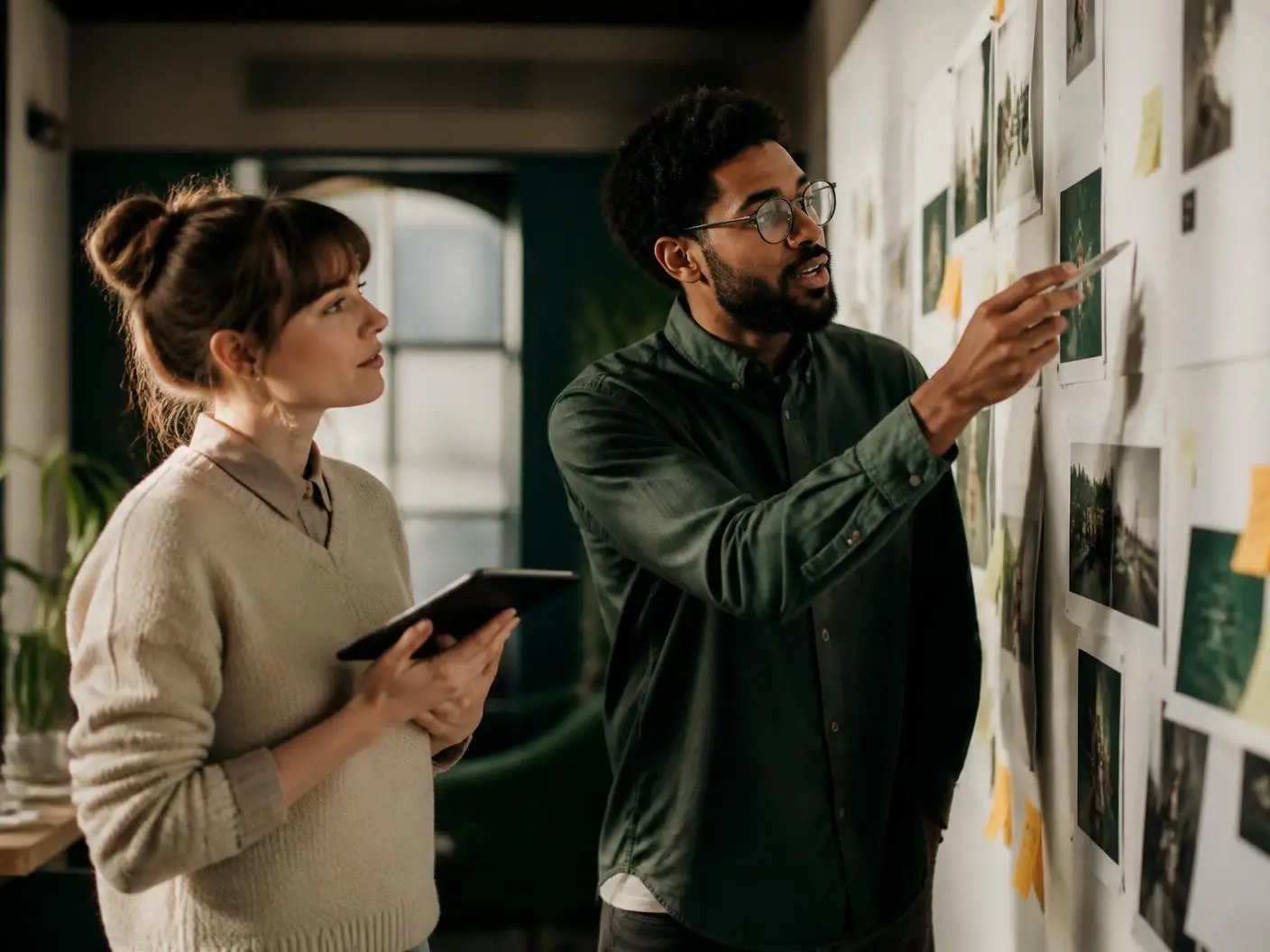 Marketer reviewing campaign layouts pinned to a studio wall