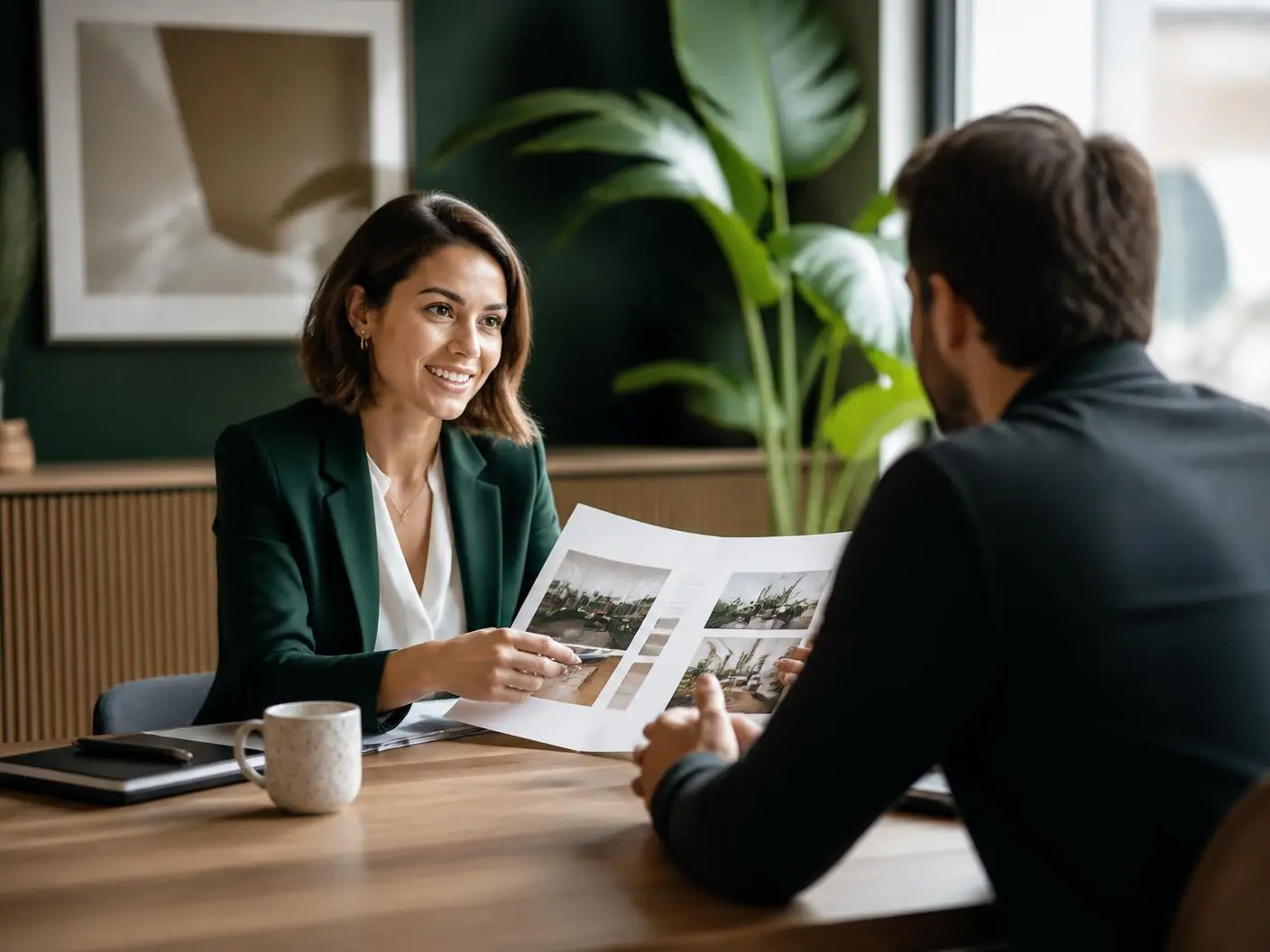 Salesperson presenting a proposal to a client across a table
