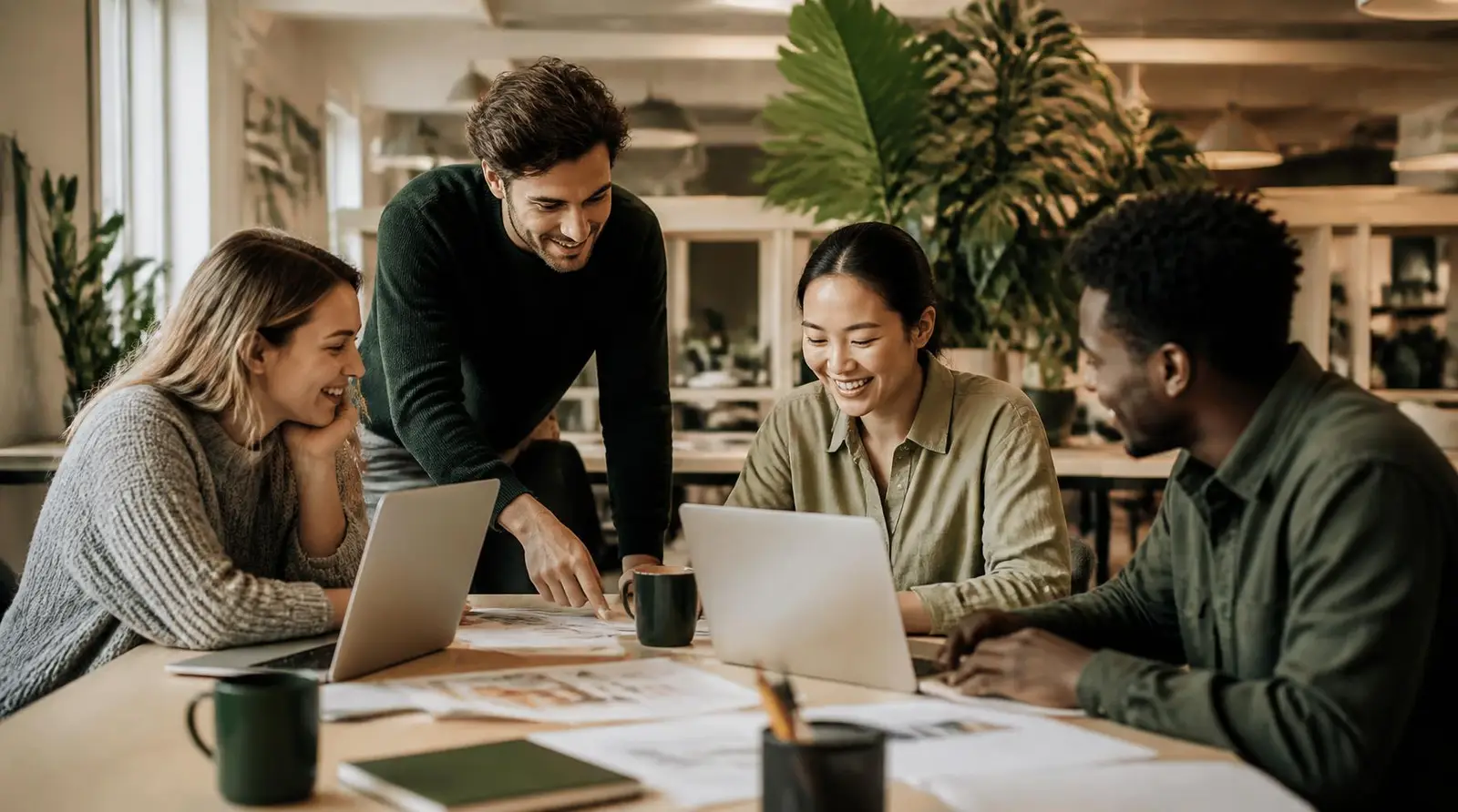 Small team working together around a long table in a bright office