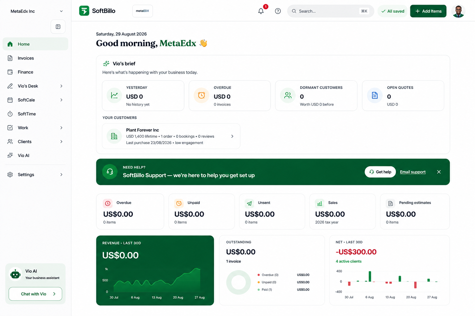 SoftBillo dashboard showing business activity
