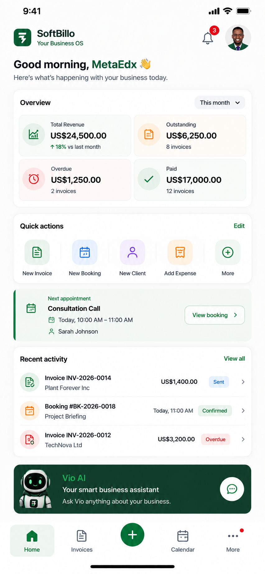 SoftBillo mobile app dashboard